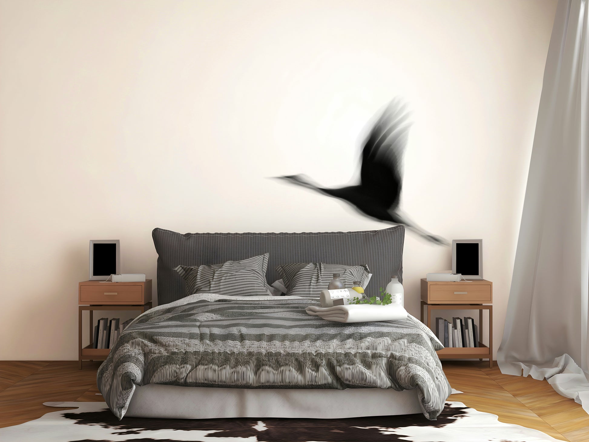 A calming serene bird wallpaper mural that defines a space.

