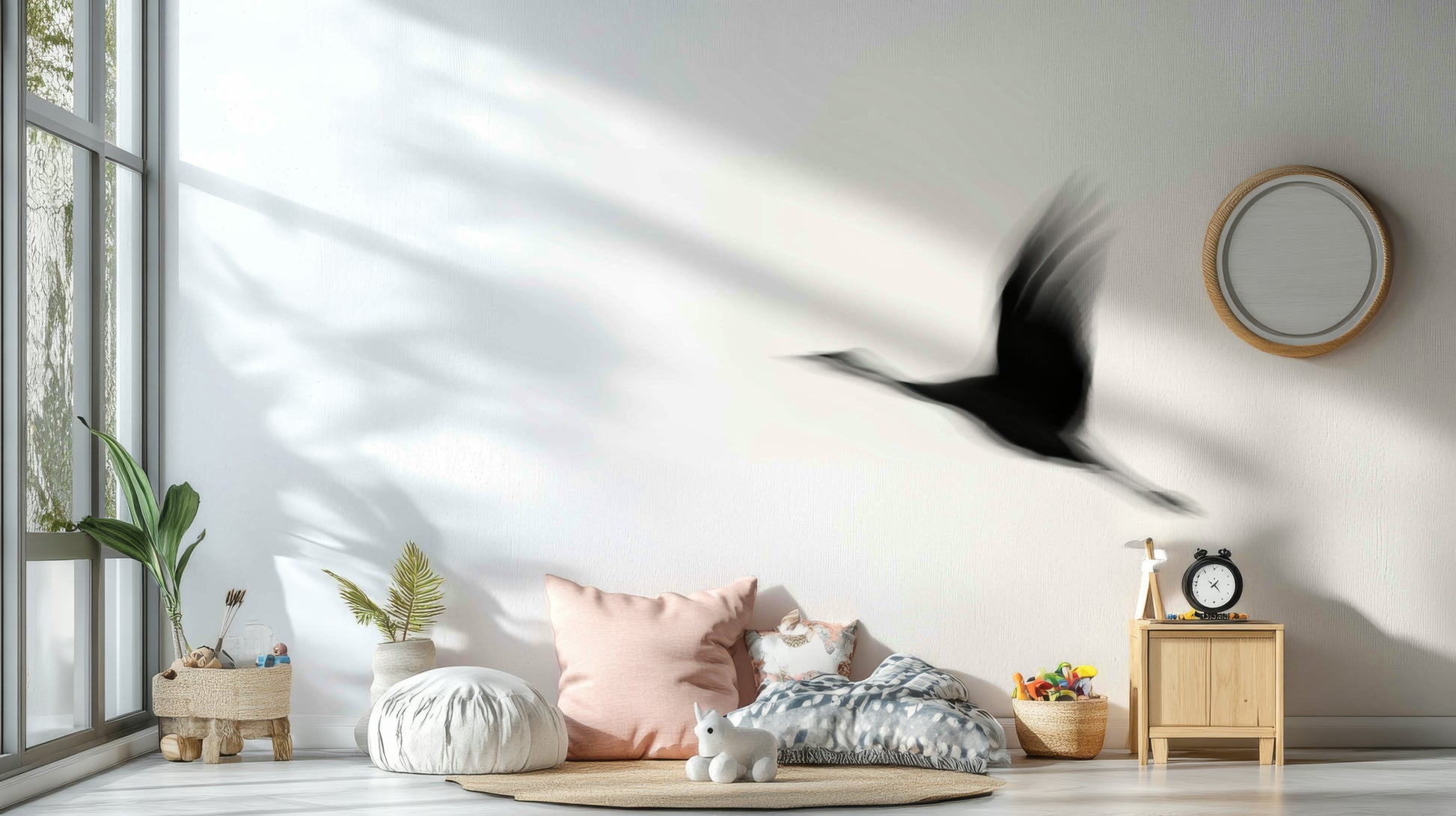 A beautiful flying crane wall mural for a living room.

