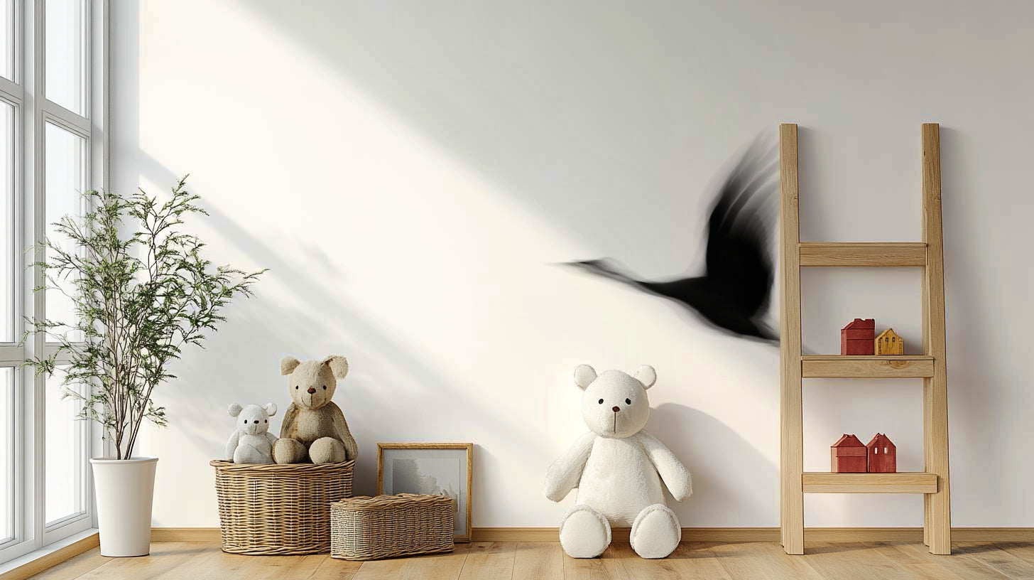 A peaceful Asian-inspired mural on decorative wallpaper.

