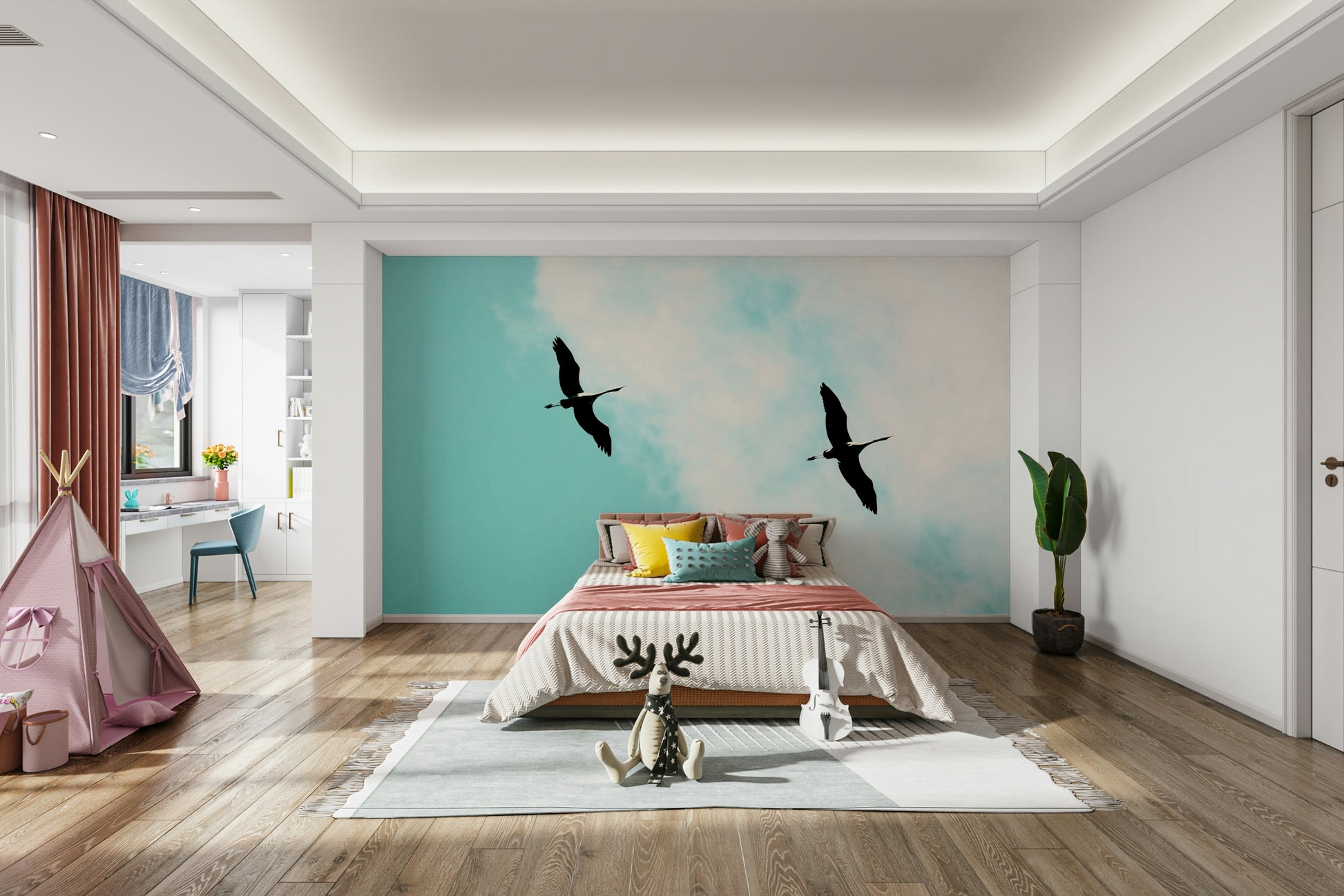 A beautiful flying crane wall mural for a living room.

