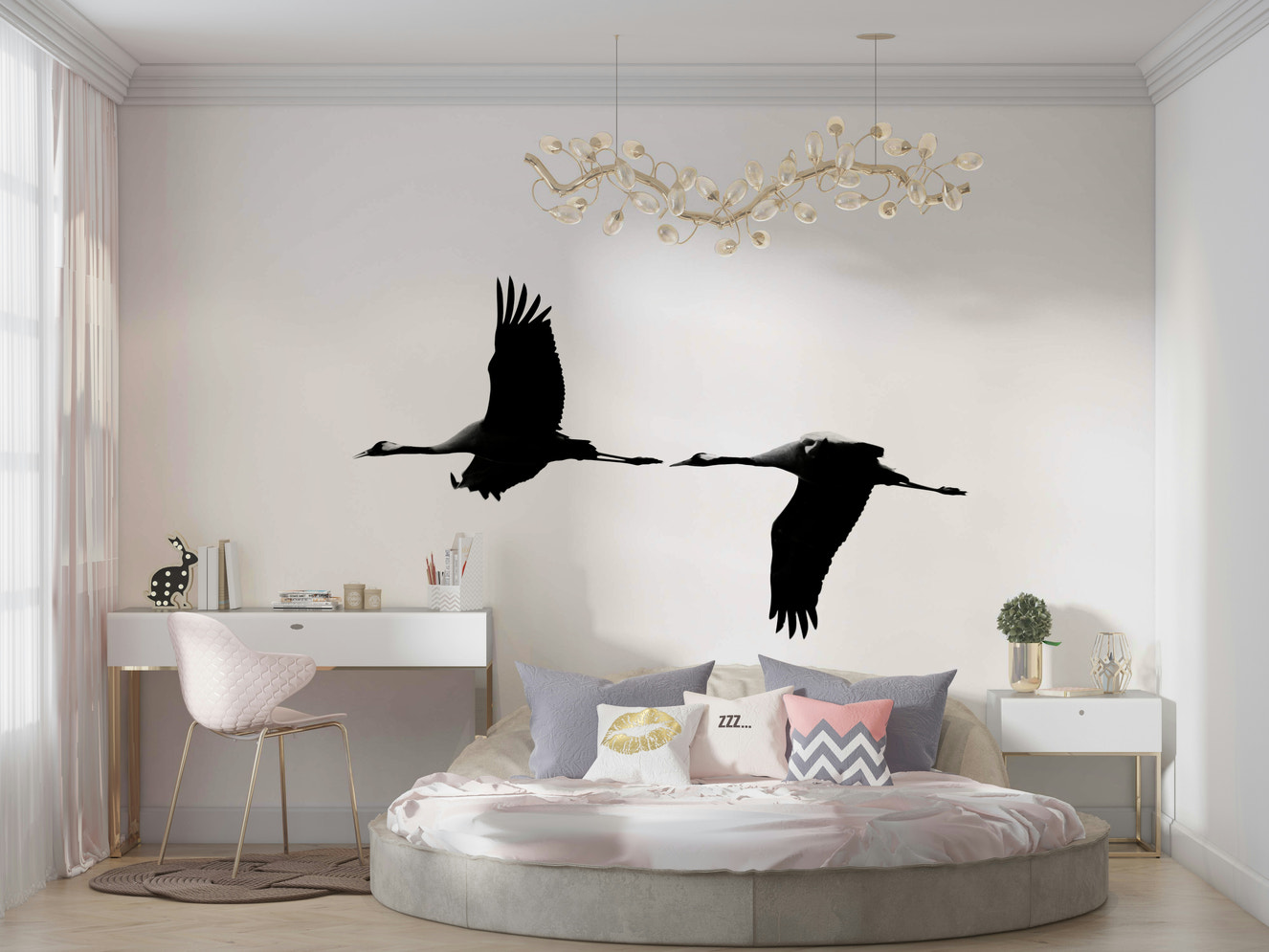 A beautiful serene crane wallpaper mural for a modern home.

