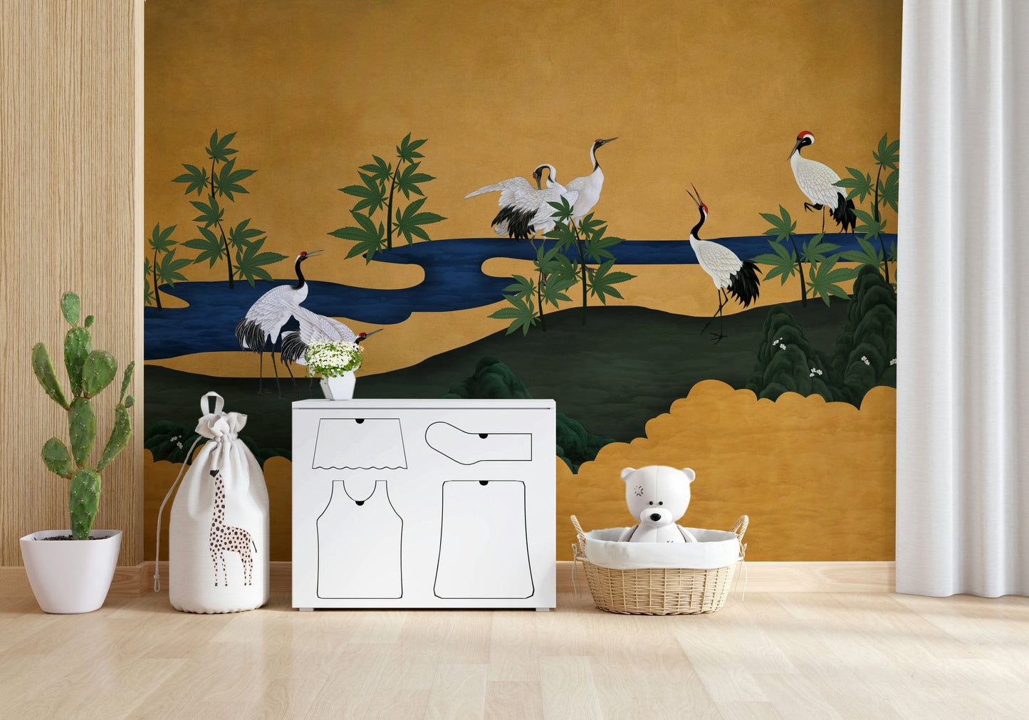 Crane Haven wallpaper in a sunlit room paired with indoor plants.