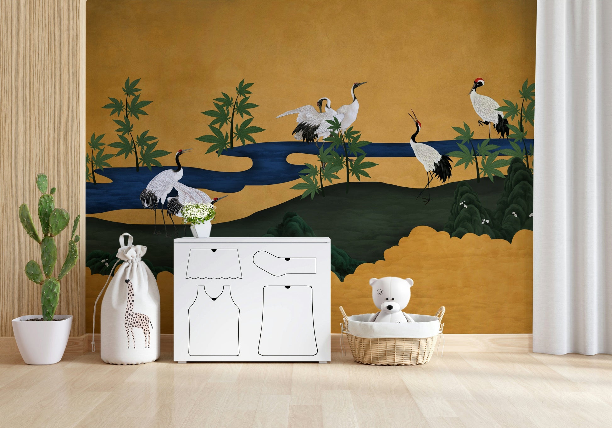 Crane Haven wallpaper in a sunlit room paired with indoor plants.