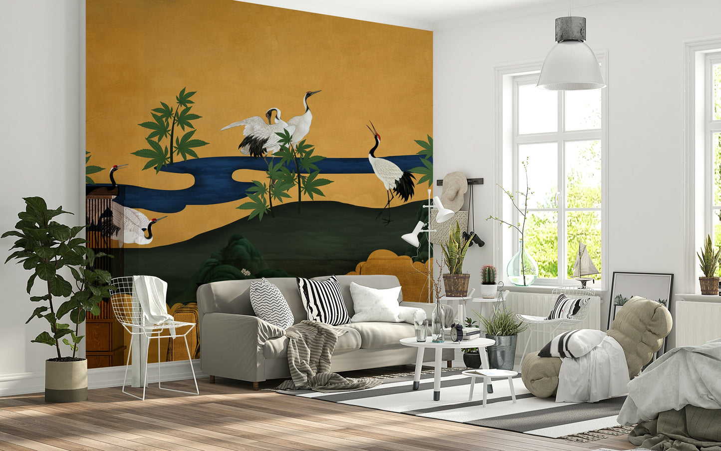 Crane Haven wall mural in a guest room with simple white linens.