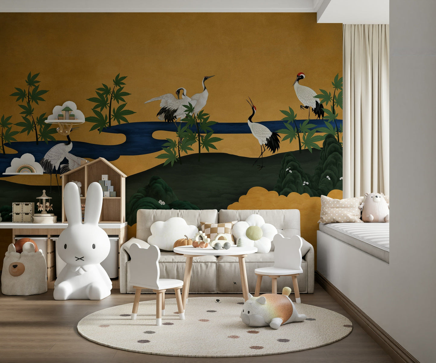 Crane Haven wall mural in a home office with a wooden desk.