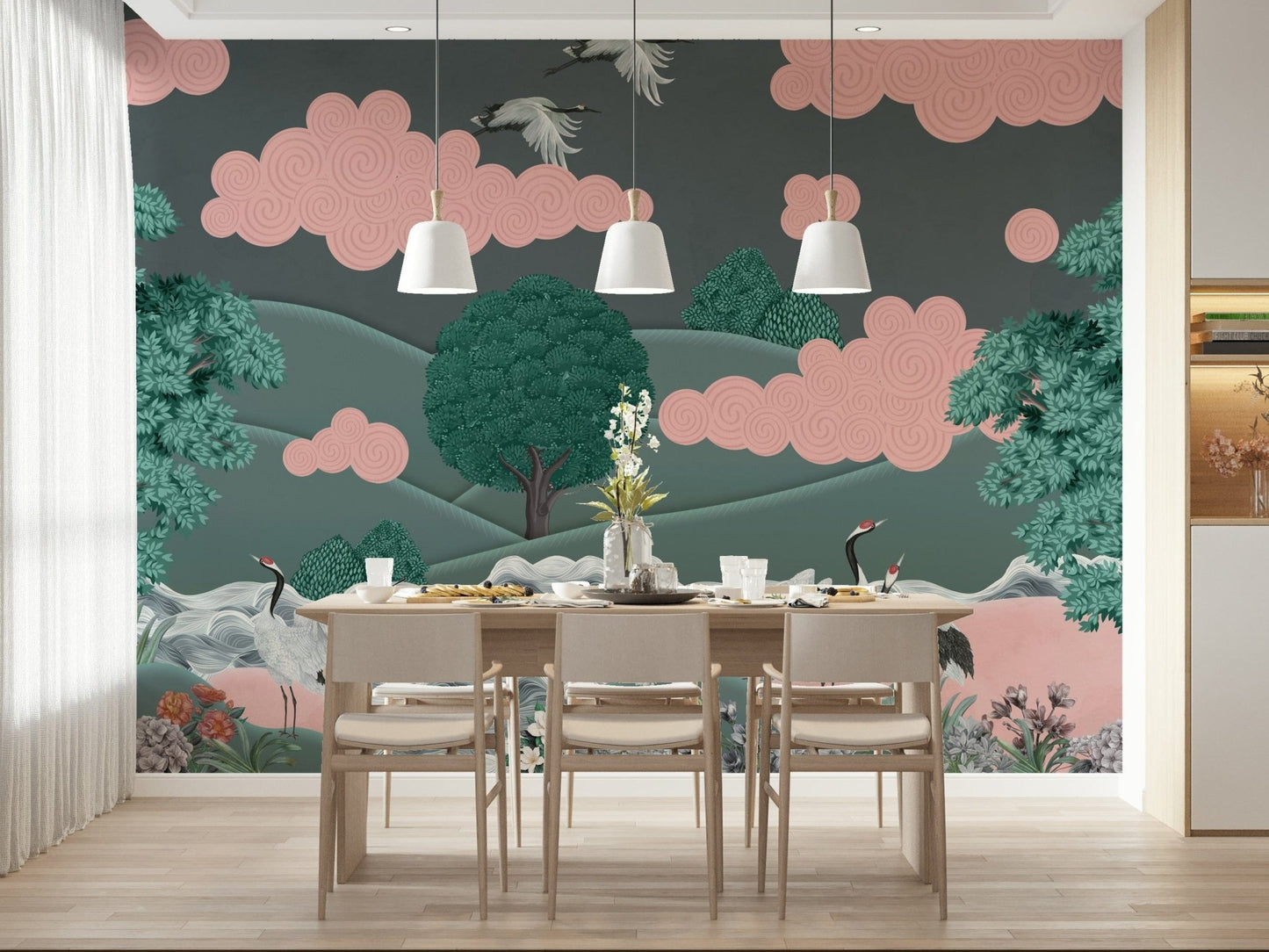 Japanese style crane wallpaper for a calm meditation room wall mural.
