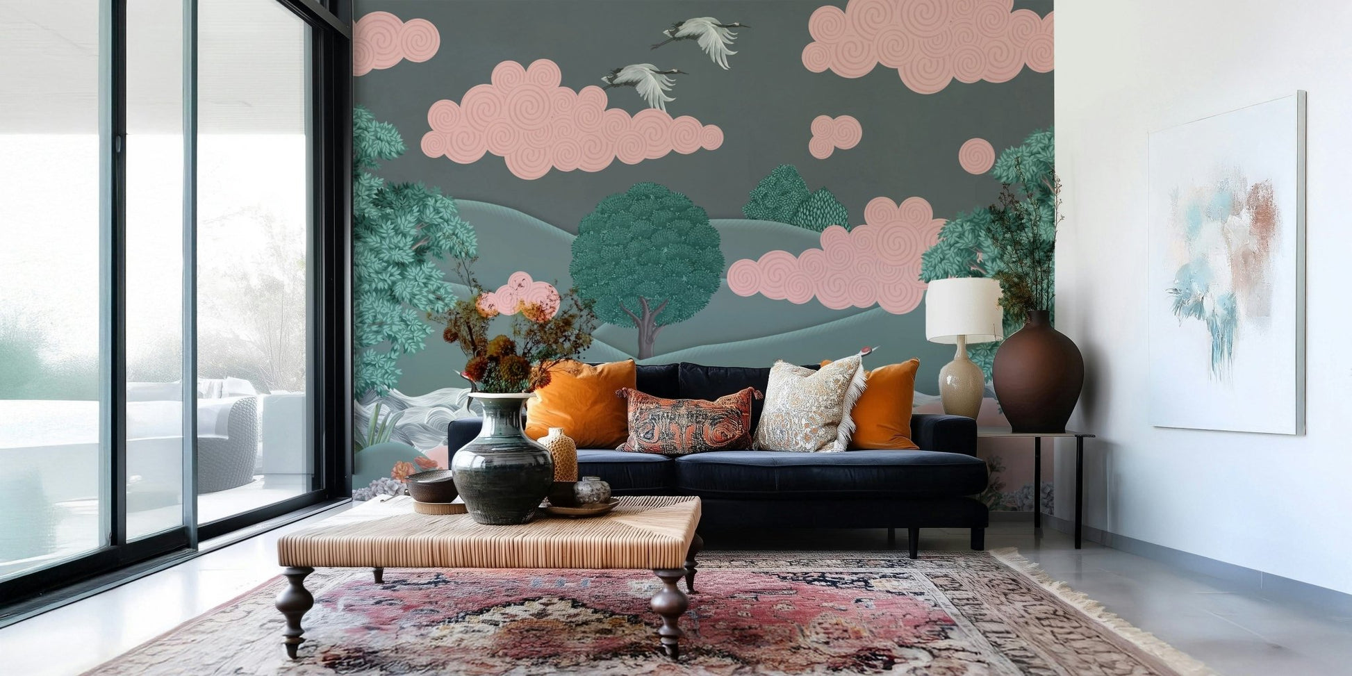 Crane's Dreamscape Wall Mural in a bright dining space with oak decor wallpaper.