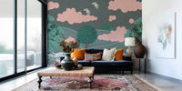 Crane's Dreamscape Wall Mural in a bright dining space with oak decor wallpaper.