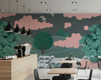 Botanical and bird design on a textured wall mural for a lounge wallpaper.
