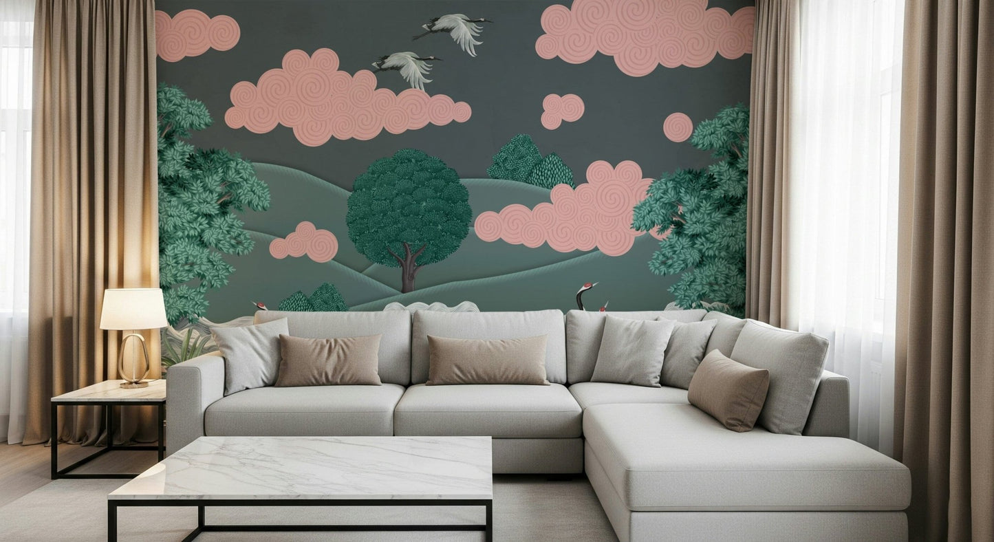 Crane's Dreamscape Wall Mural used as a focal point in a cozy nook wallpaper.