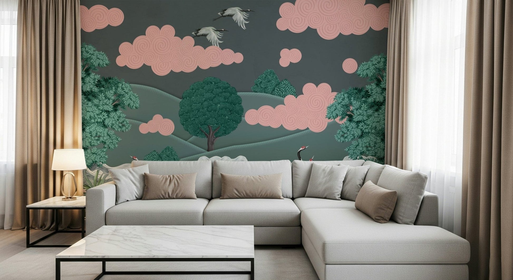 Crane's Dreamscape Wall Mural used as a focal point in a cozy nook wallpaper.