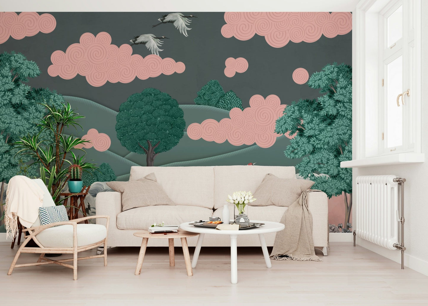 Crane's Dreamscape Wall Mural in a minimalist bedroom with white linens wallpaper.