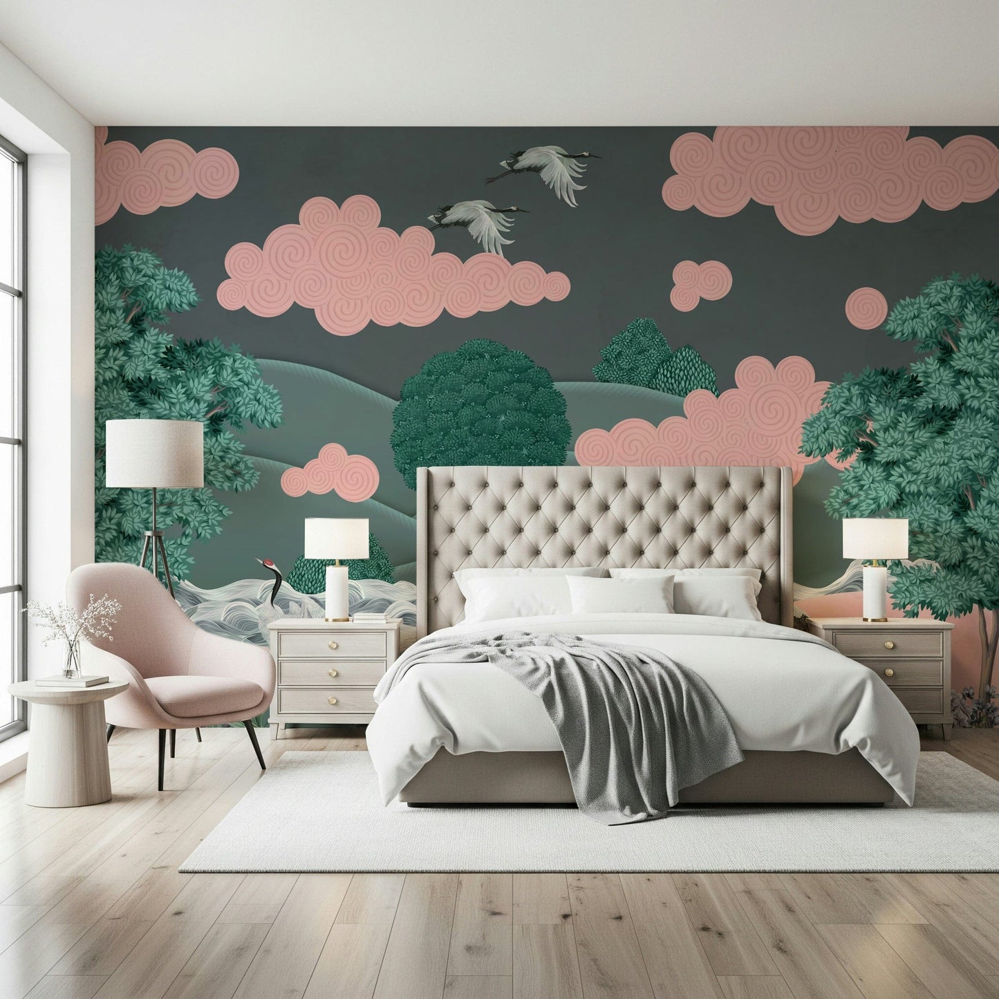 Crane's Dreamscape Wall Mural behind a wooden desk in a home office wallpaper.
