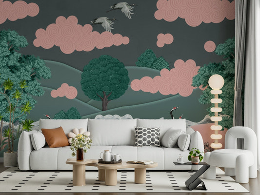 Nature inspired wallpaper with flying birds for a sophisticated suite wall mural.