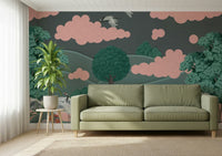 Artistic crane wallpaper with muted tones for a living room feature wall mural.