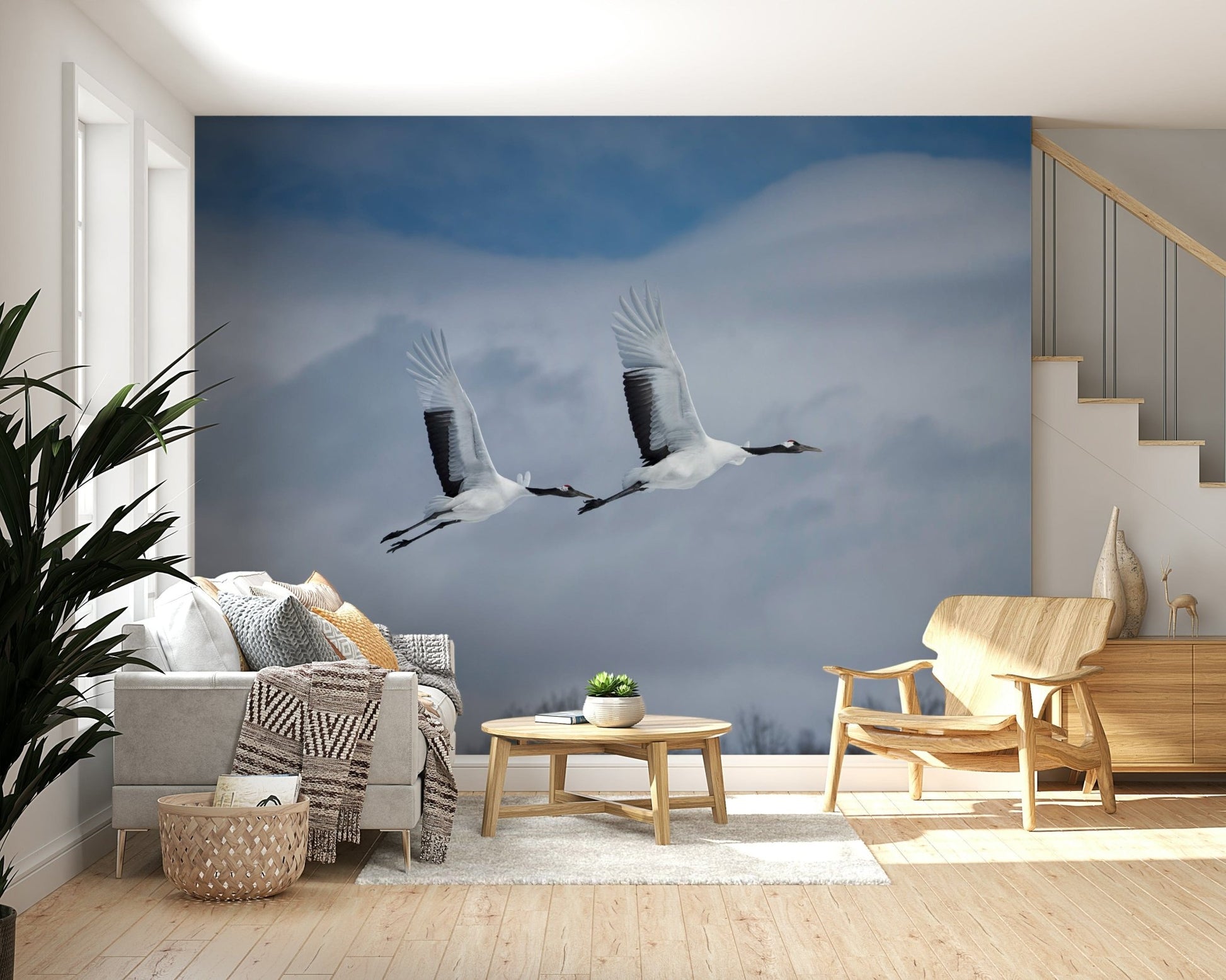 Elegant bird silhouette wall mural for a calm master bedroom interior.