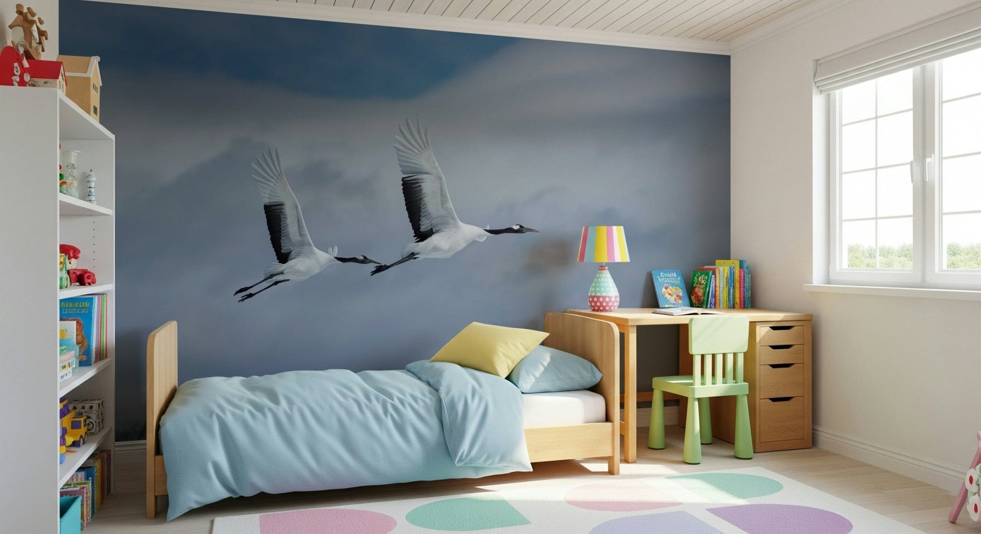 Graceful crane scene wall mural for a relaxing lounge atmosphere.