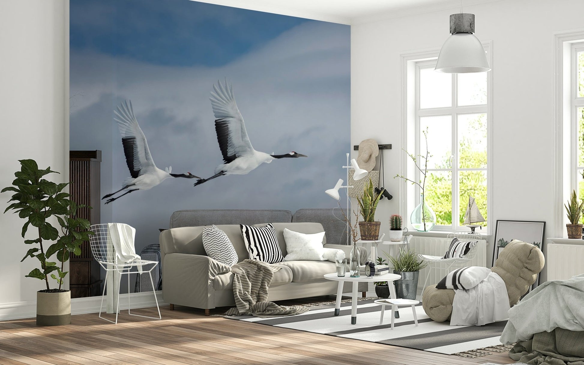 Detailed flying bird wallpaper for a modern reception area accent wall.