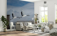 Detailed flying bird wallpaper for a modern reception area accent wall.