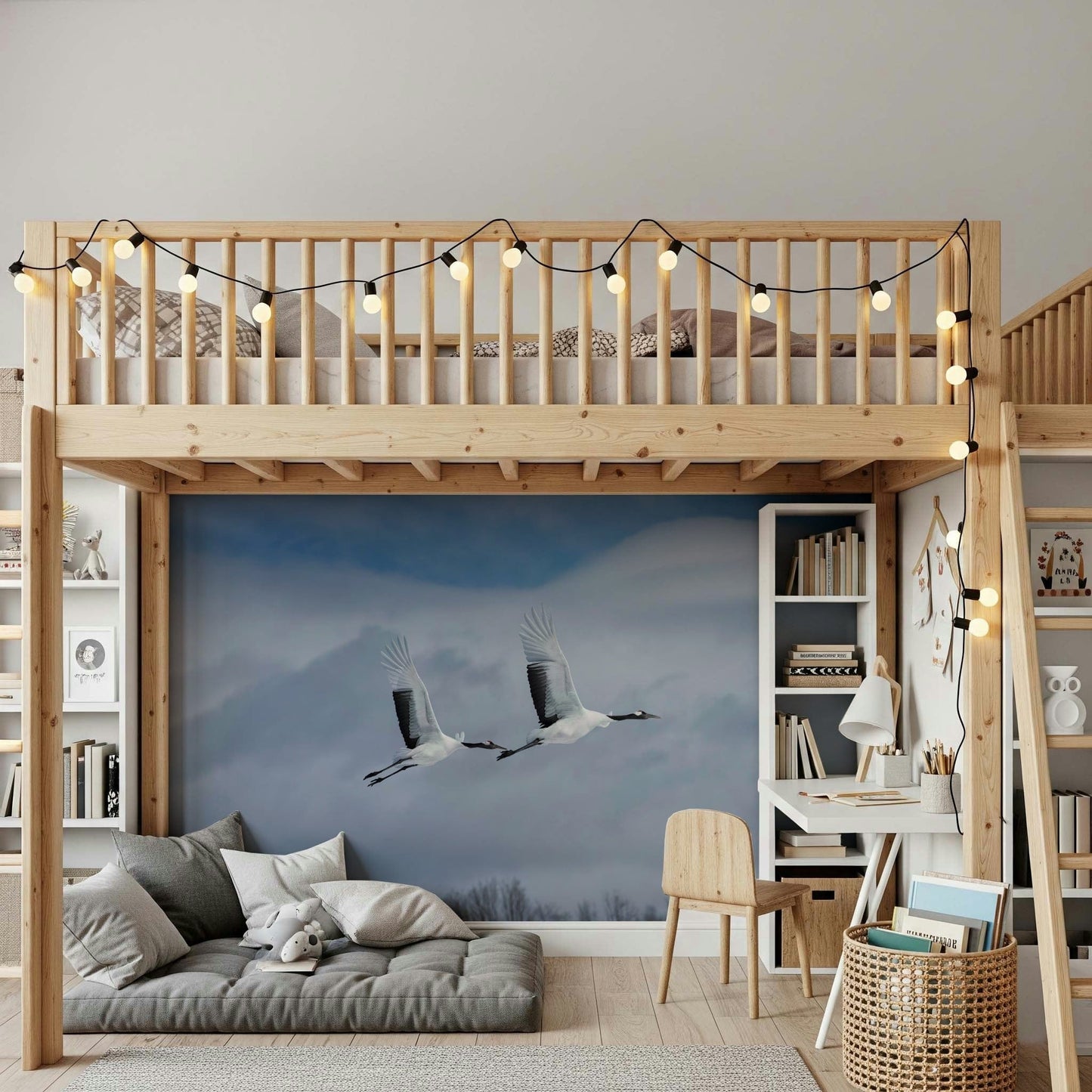Graceful crane scene wall mural for a relaxing lounge atmosphere.