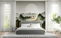 Detailed flying crane wallpaper for a modern reception area accent wall.