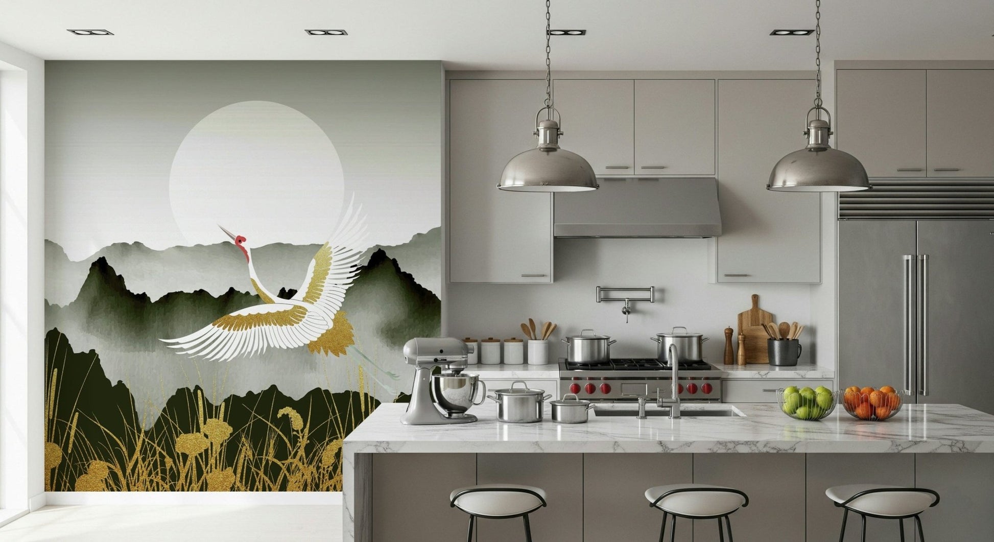 Elegant bird flight wall mural for a calm and airy bedroom interior.