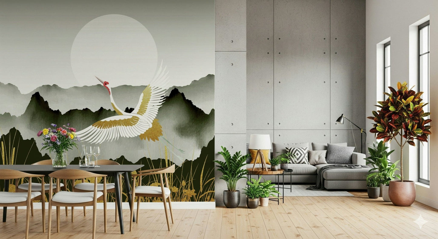 Graceful avian scene wall mural for a relaxing lounge atmosphere.