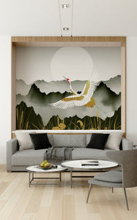 Soft yellow and neutral crane wall mural in a modern dining area.