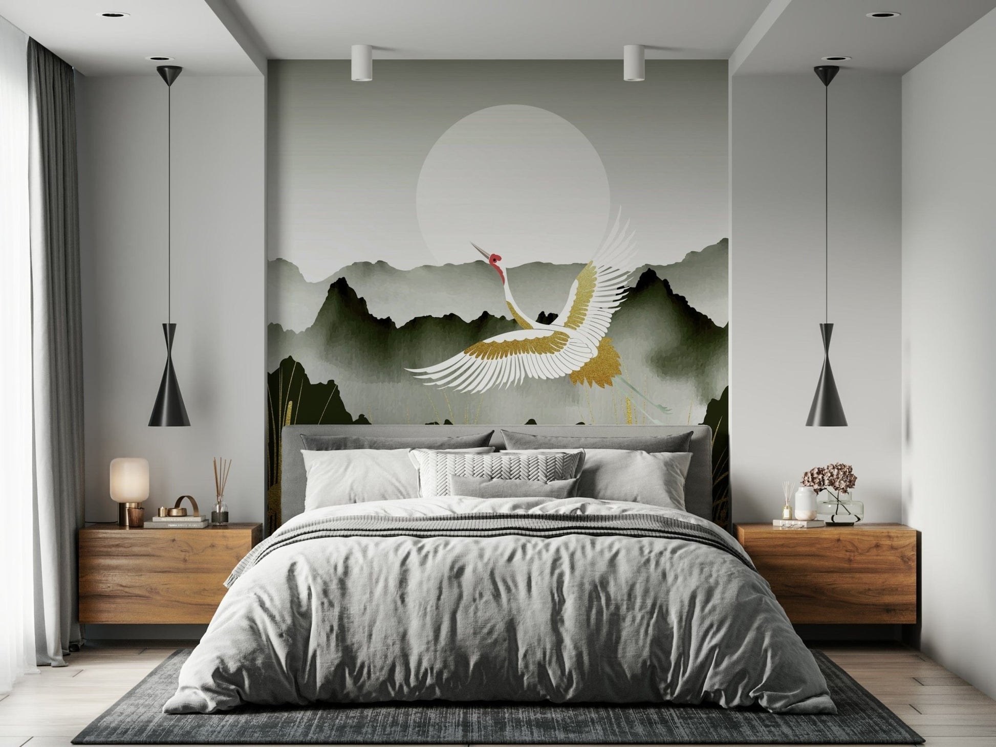 Crane's Golden Dawn Wall Mural in a bright living room with gold accents wallpaper.