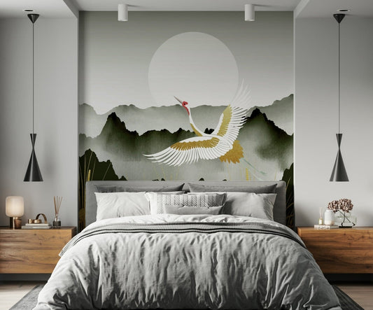 Crane's Golden Dawn Wall Mural in a bright living room with gold accents wallpaper.