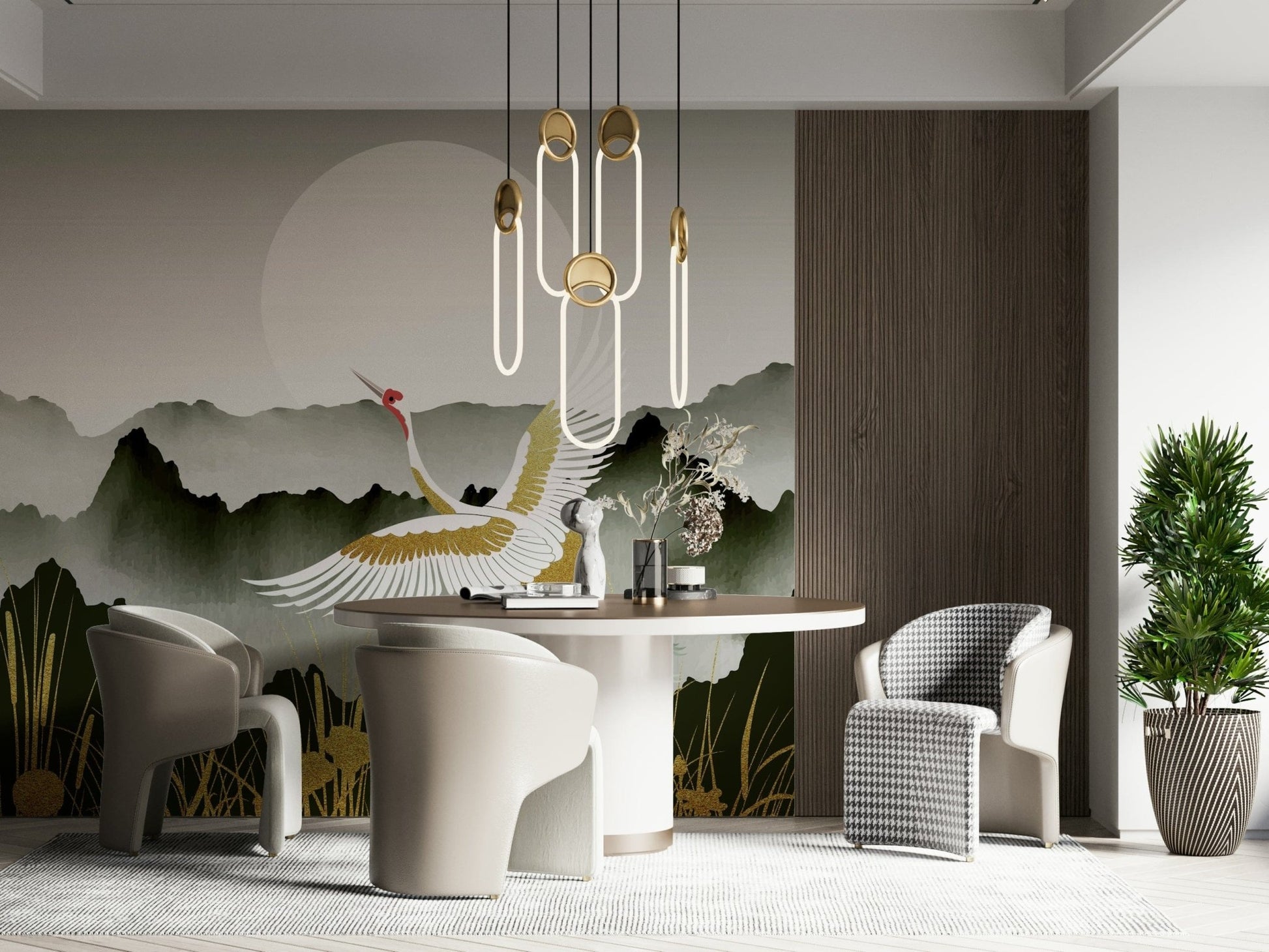 Large scale bird wallpaper for an open plan apartment living space.