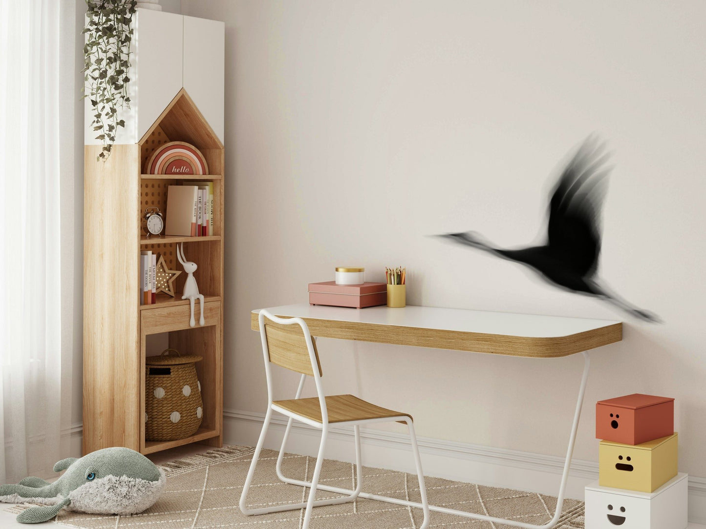 An artistic elegant crane mural on minimalist wallpaper., GD4854