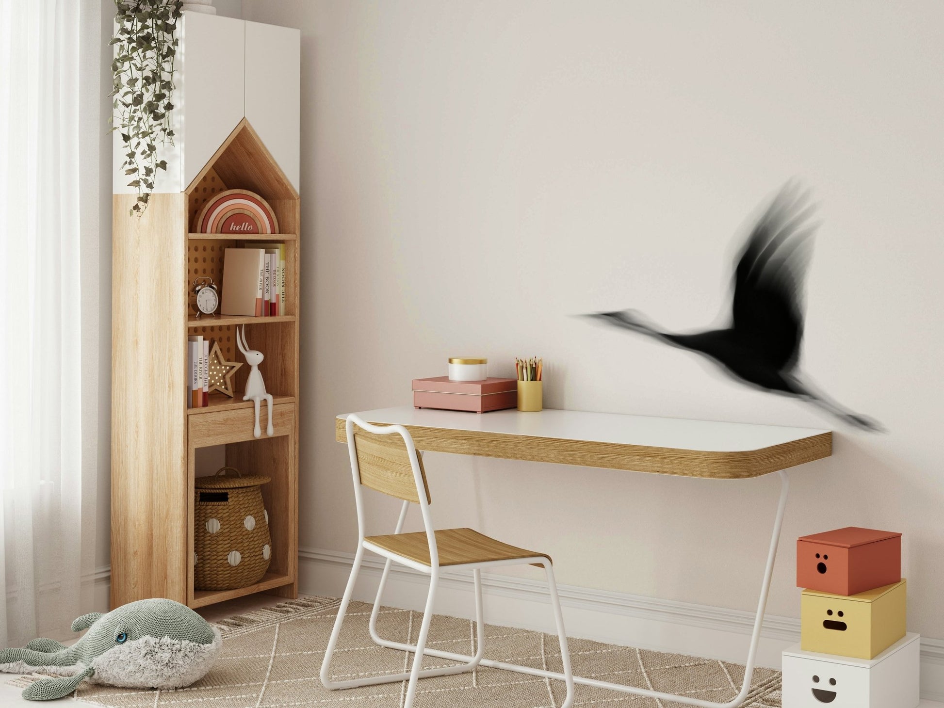 An artistic elegant crane mural on minimalist wallpaper., GD4854