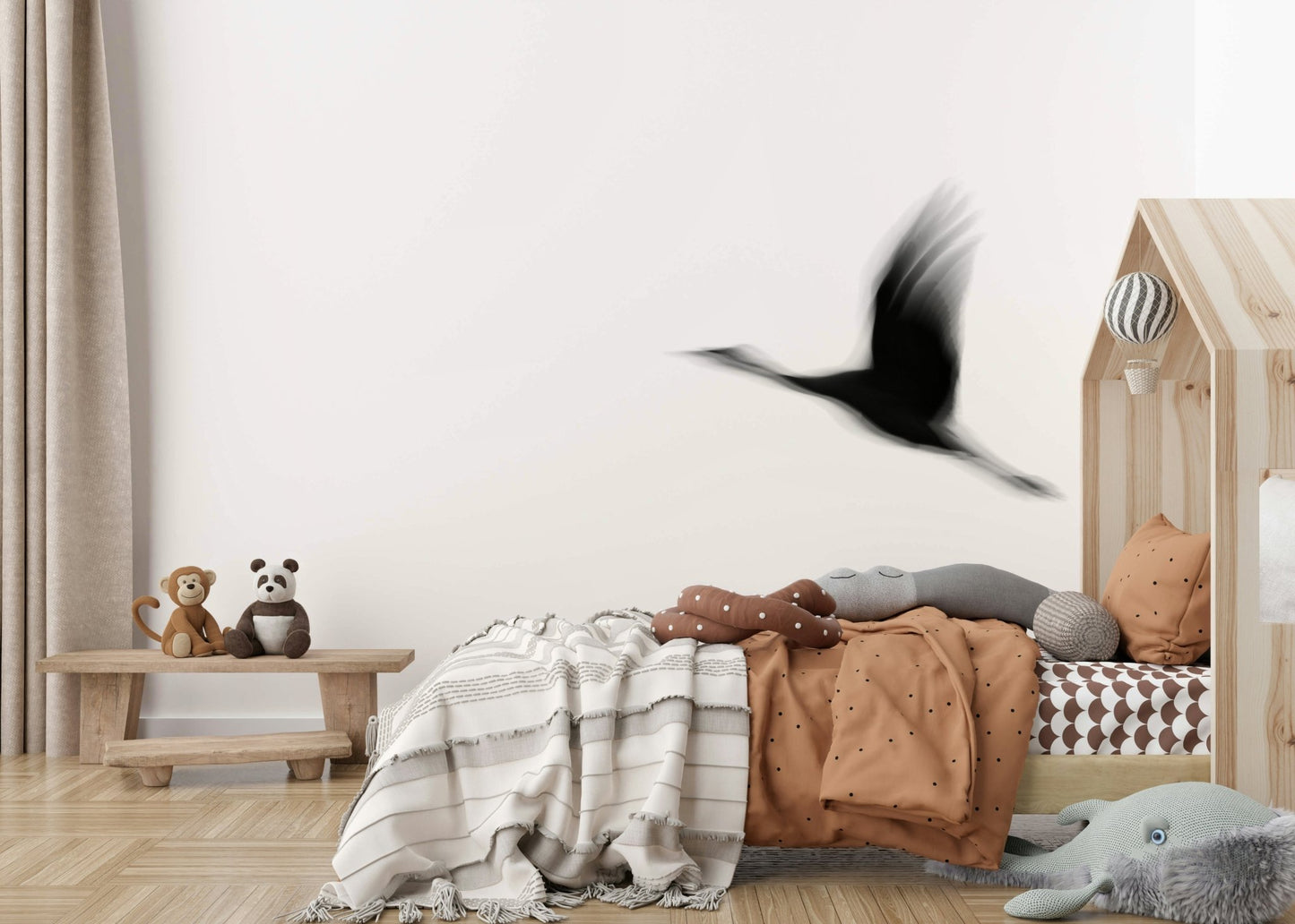 A graceful subtle bird wall mural in cool, natural tones., GD4854
