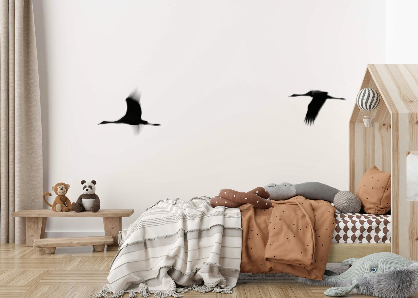 A graceful subtle bird wall mural in cool, natural tones., GD4855