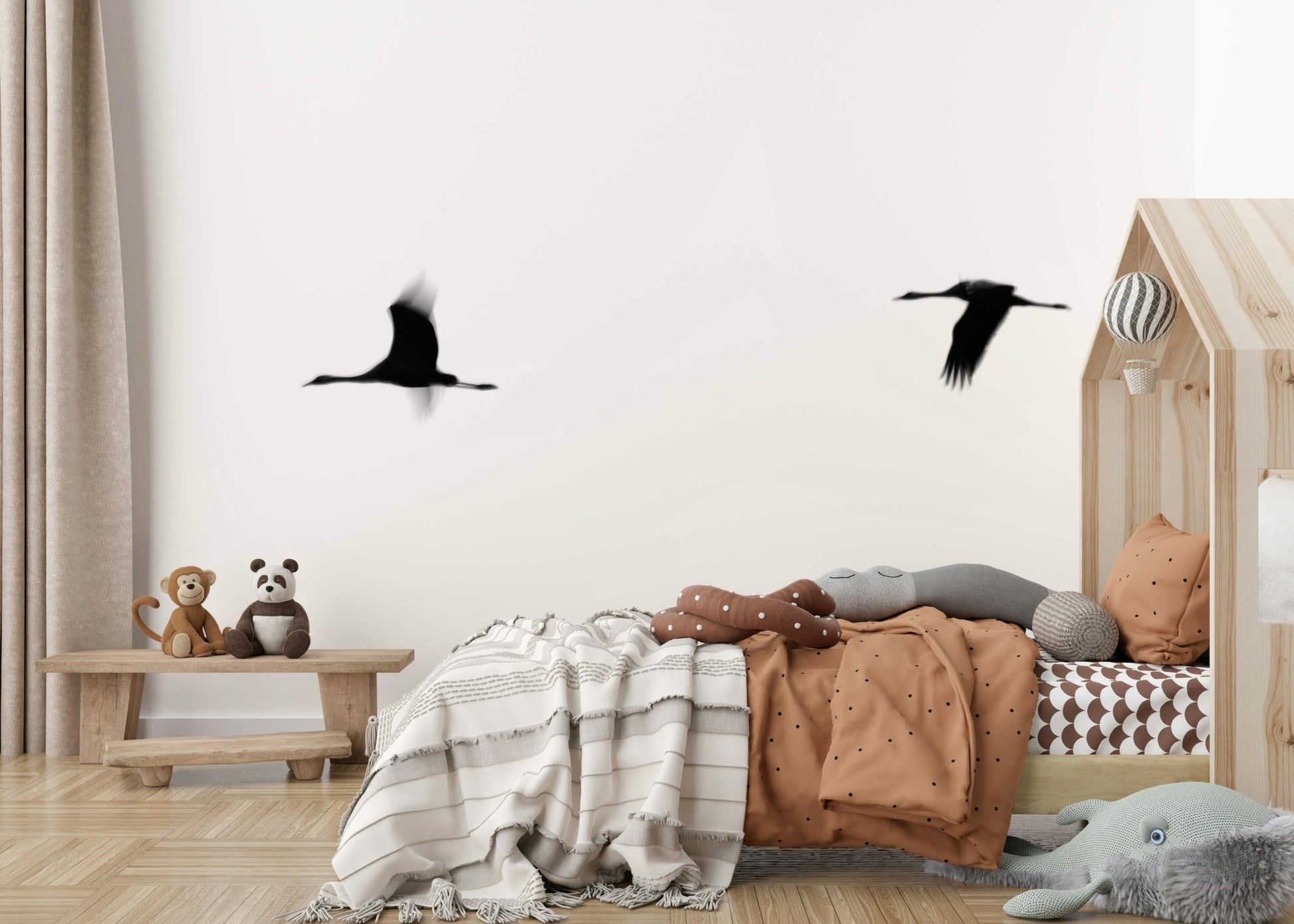 A graceful subtle bird wall mural in cool, natural tones., GD4855