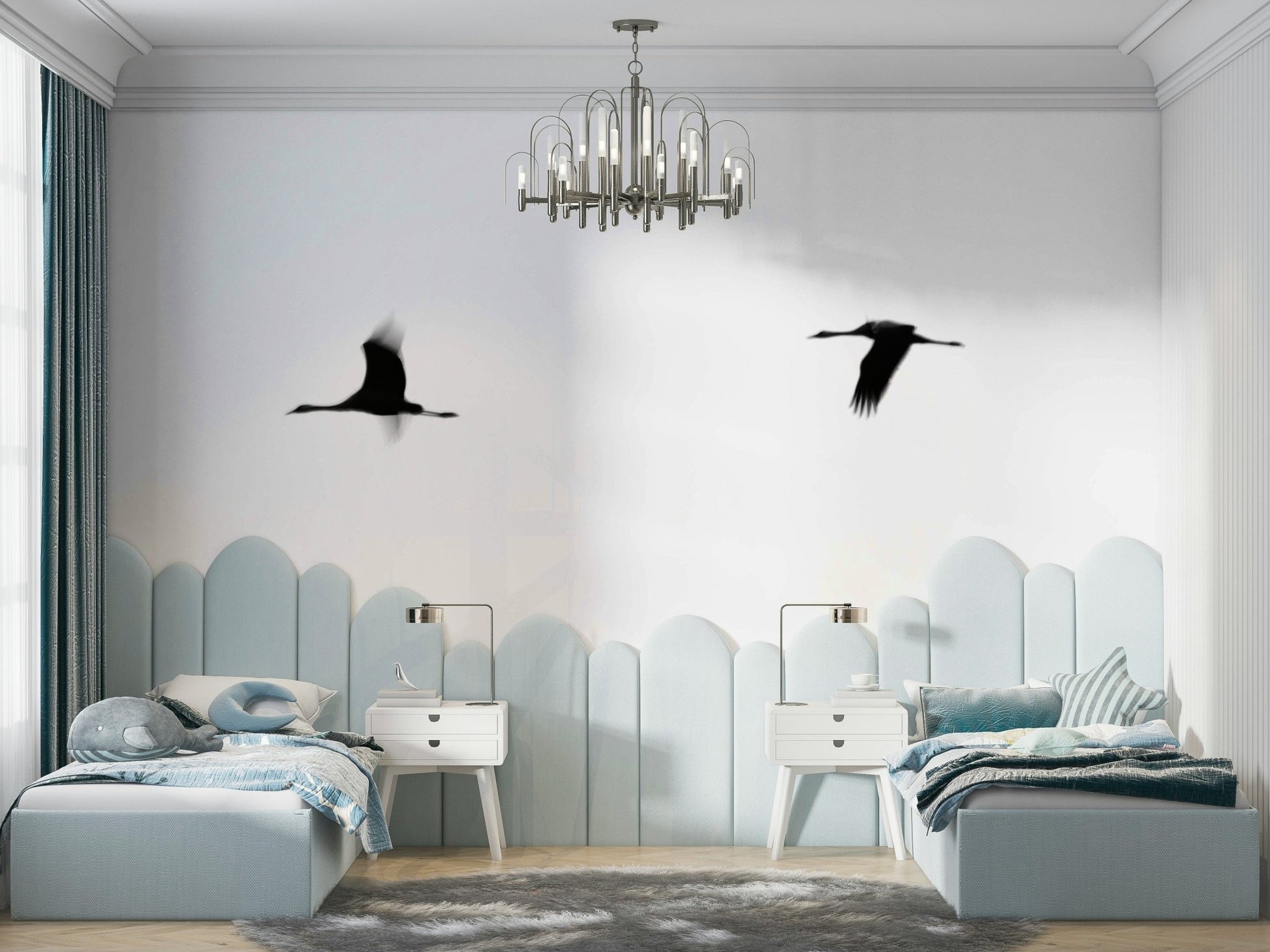 A beautiful flying crane wall mural for a living room., GD4855