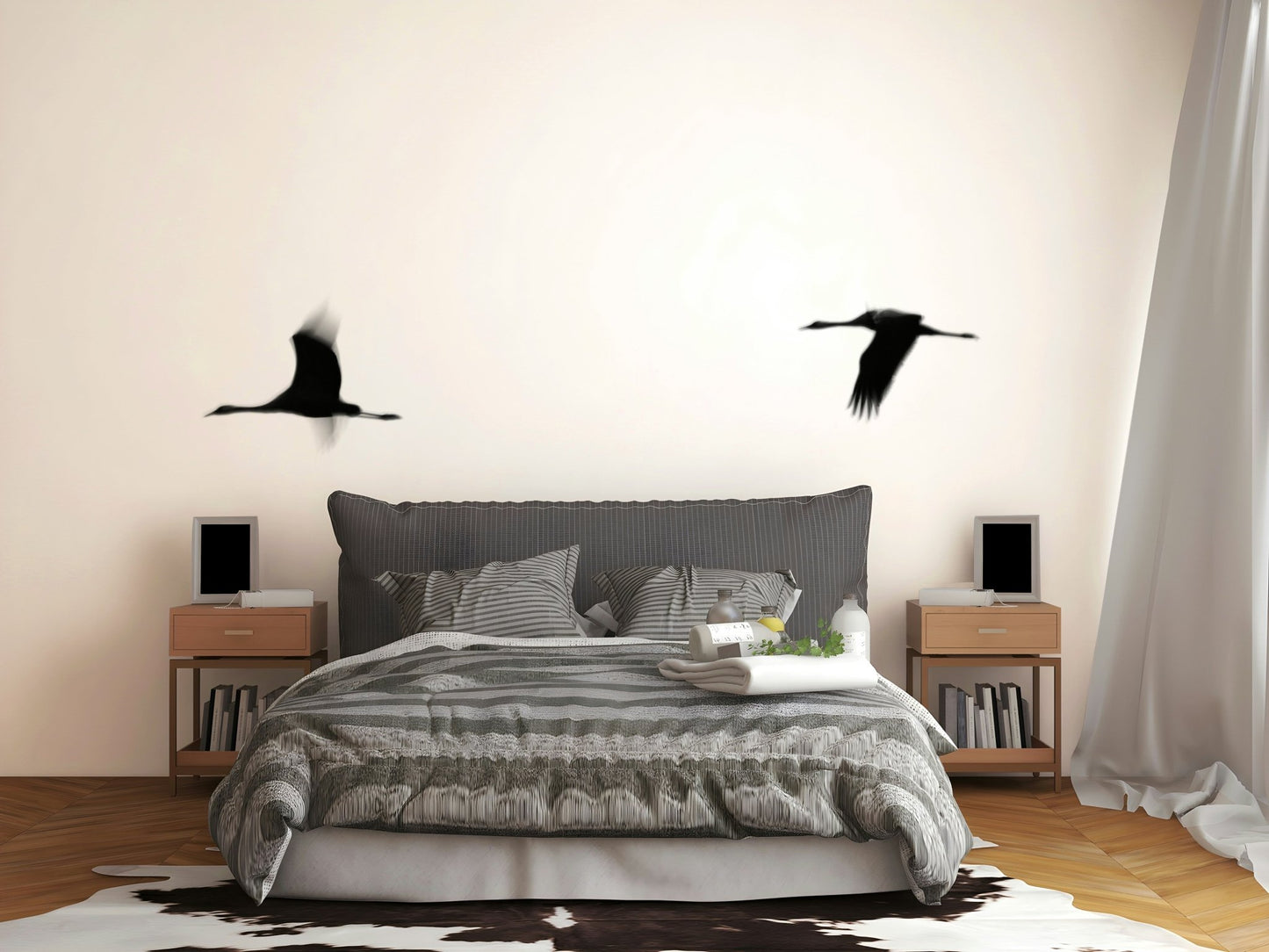 A peaceful Asian-inspired mural on decorative wallpaper., GD4855