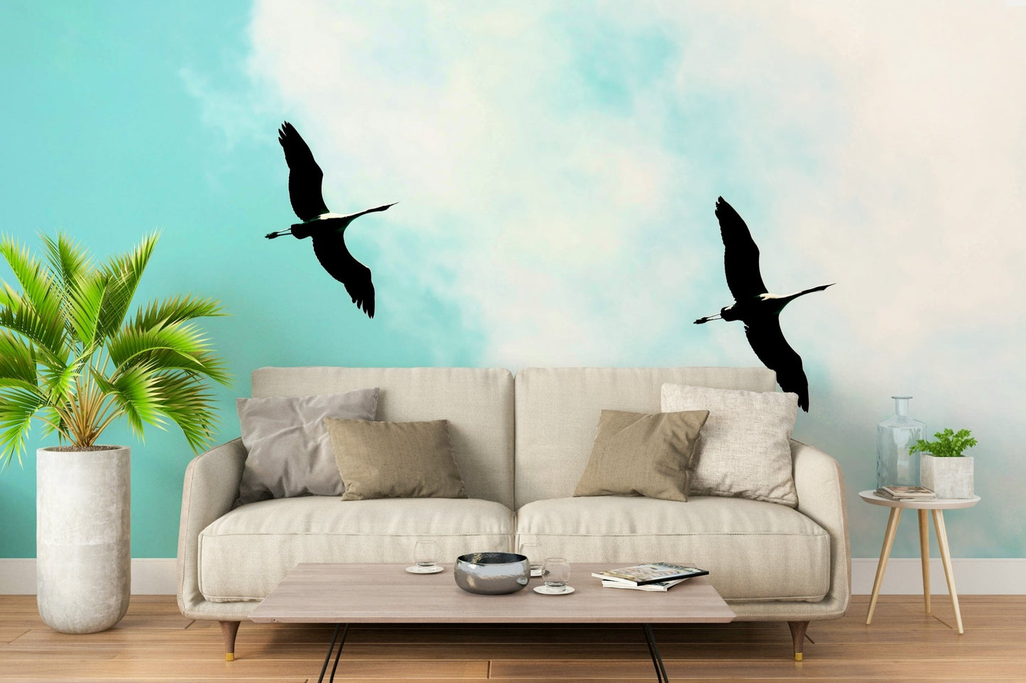 A graceful subtle bird wall mural in cool, natural tones., GD4852