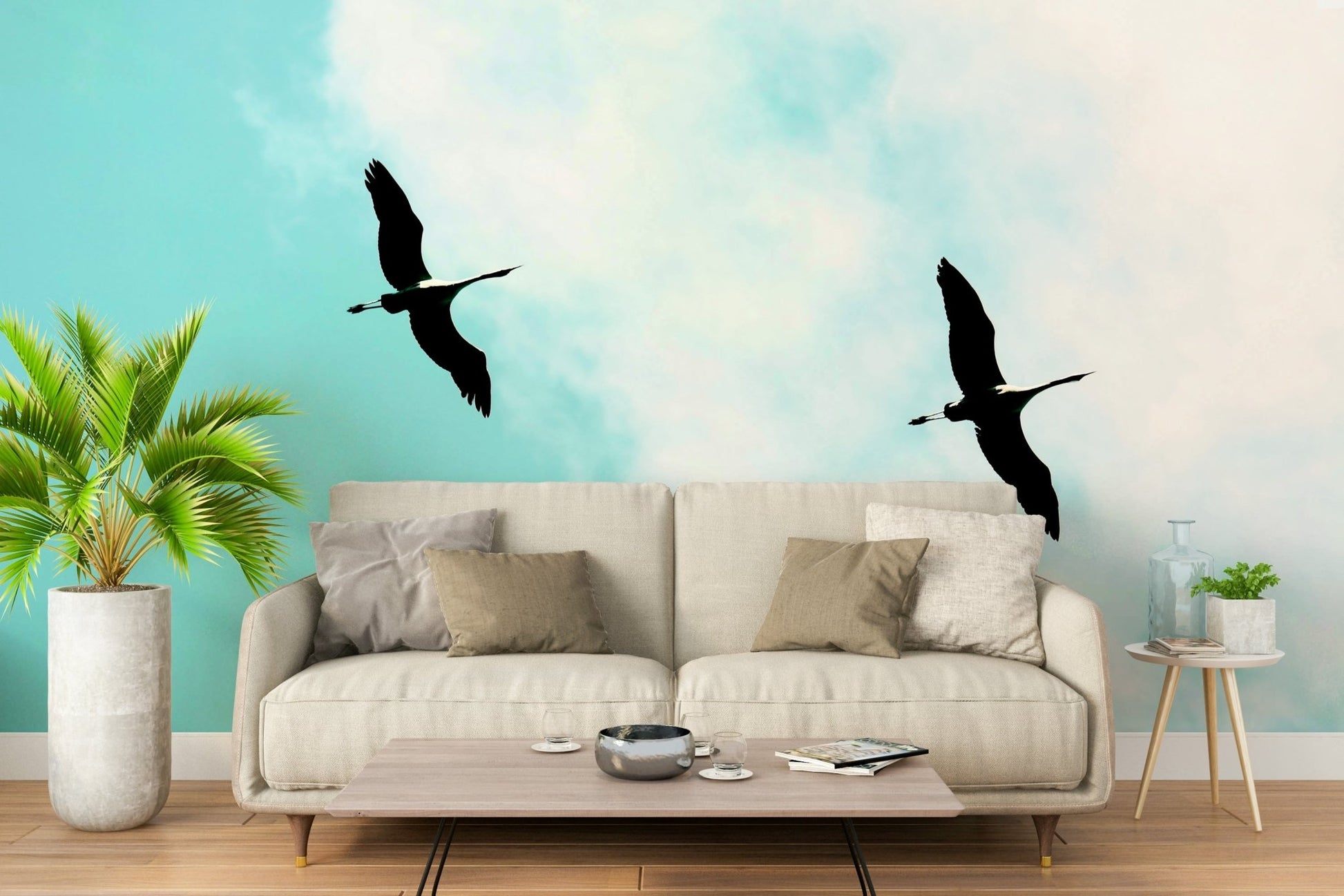 A graceful subtle bird wall mural in cool, natural tones., GD4852