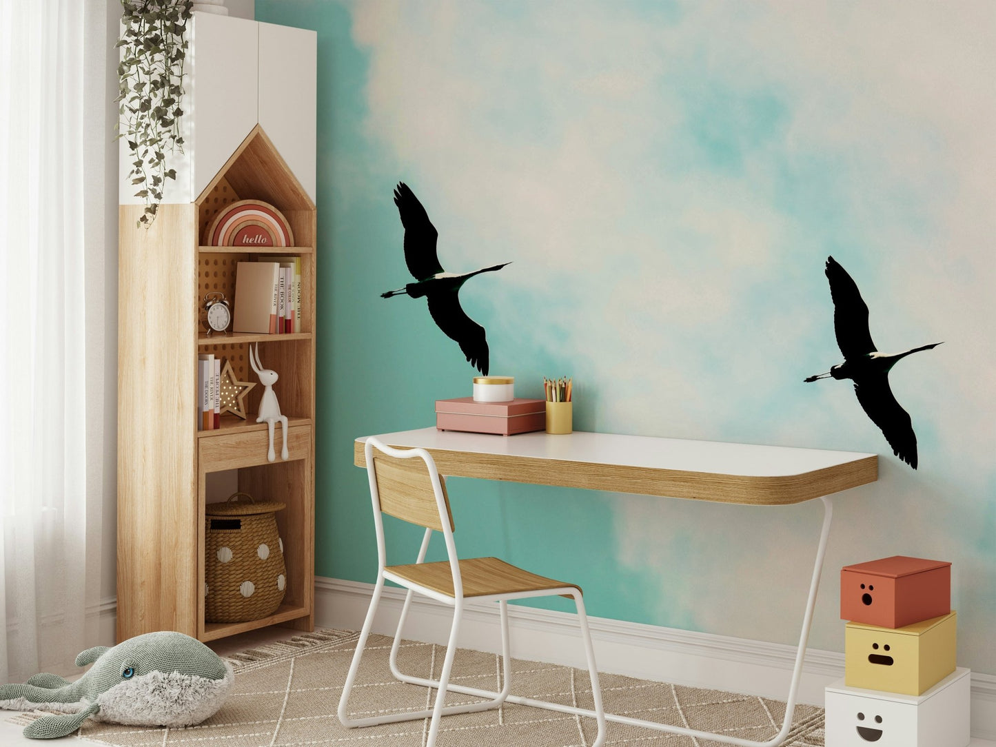 A peaceful Asian-inspired mural on decorative wallpaper., GD4852