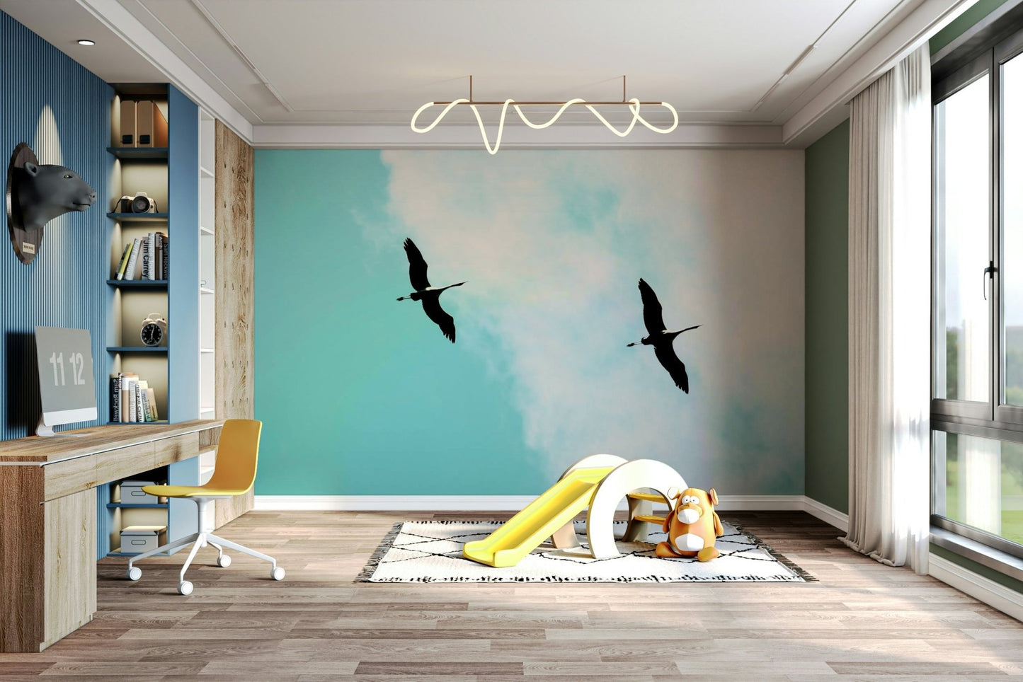 A calming serene bird wallpaper mural that defines a space., GD4852