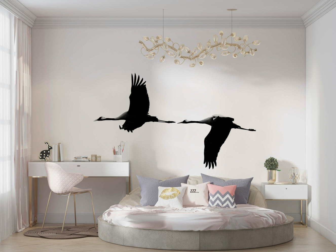 A beautiful serene crane wallpaper mural for a modern home.


