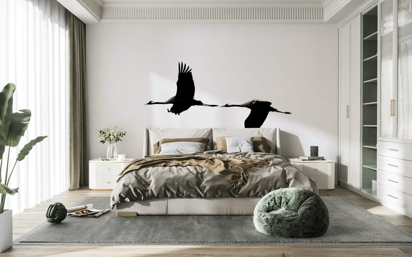 A graceful subtle bird wall mural in cool, natural tones., GD4778