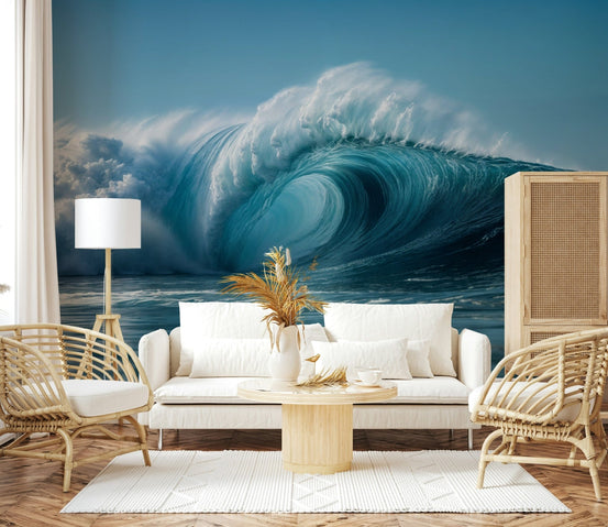 Dynamic Crashing Tide wallpaper displays immense turquoise water curves., GD7493