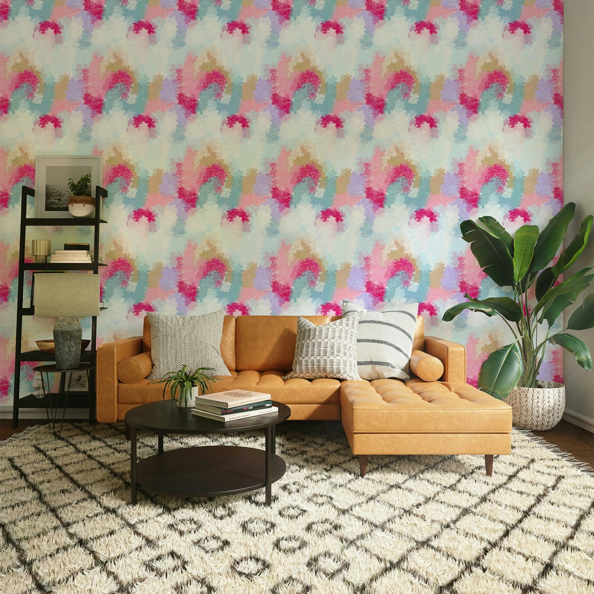 A dynamic abstract mural design.


