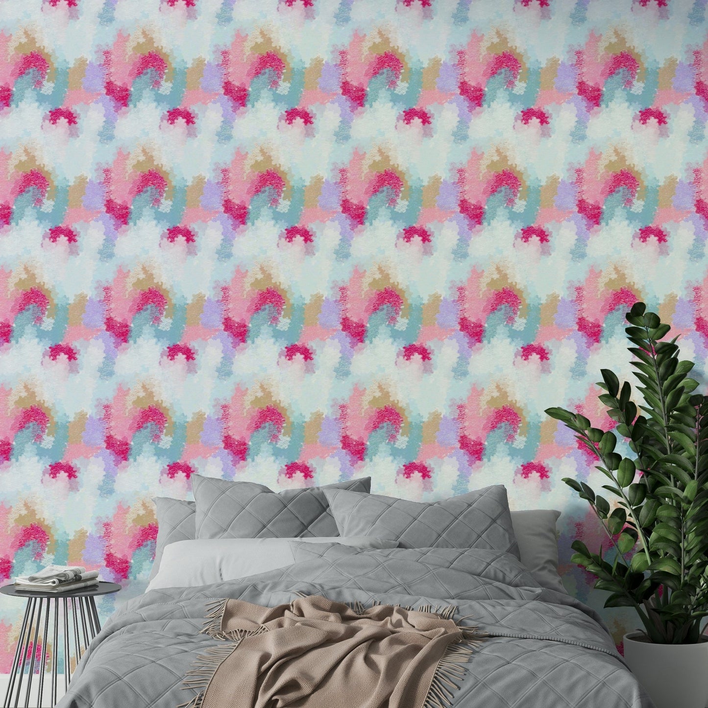A fun crayon stroke mural in a living room.

