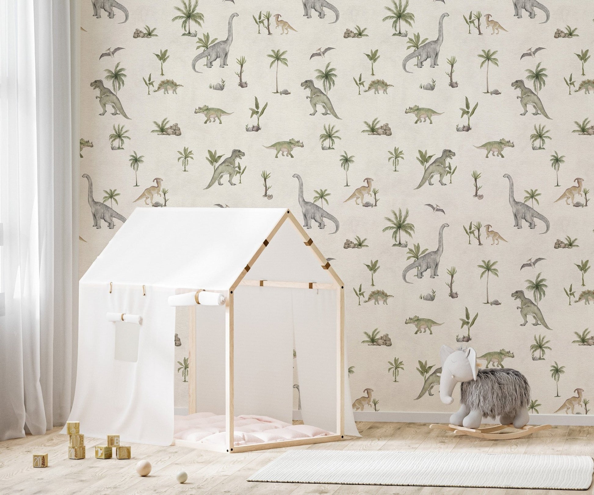 Neutral dinosaur wallpaper with trees
