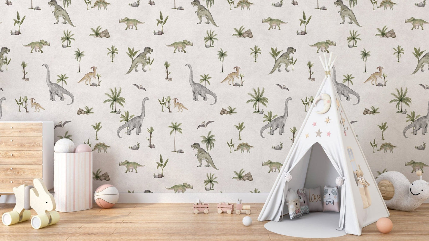 Cream beige dinosaur wallpaper for kids
