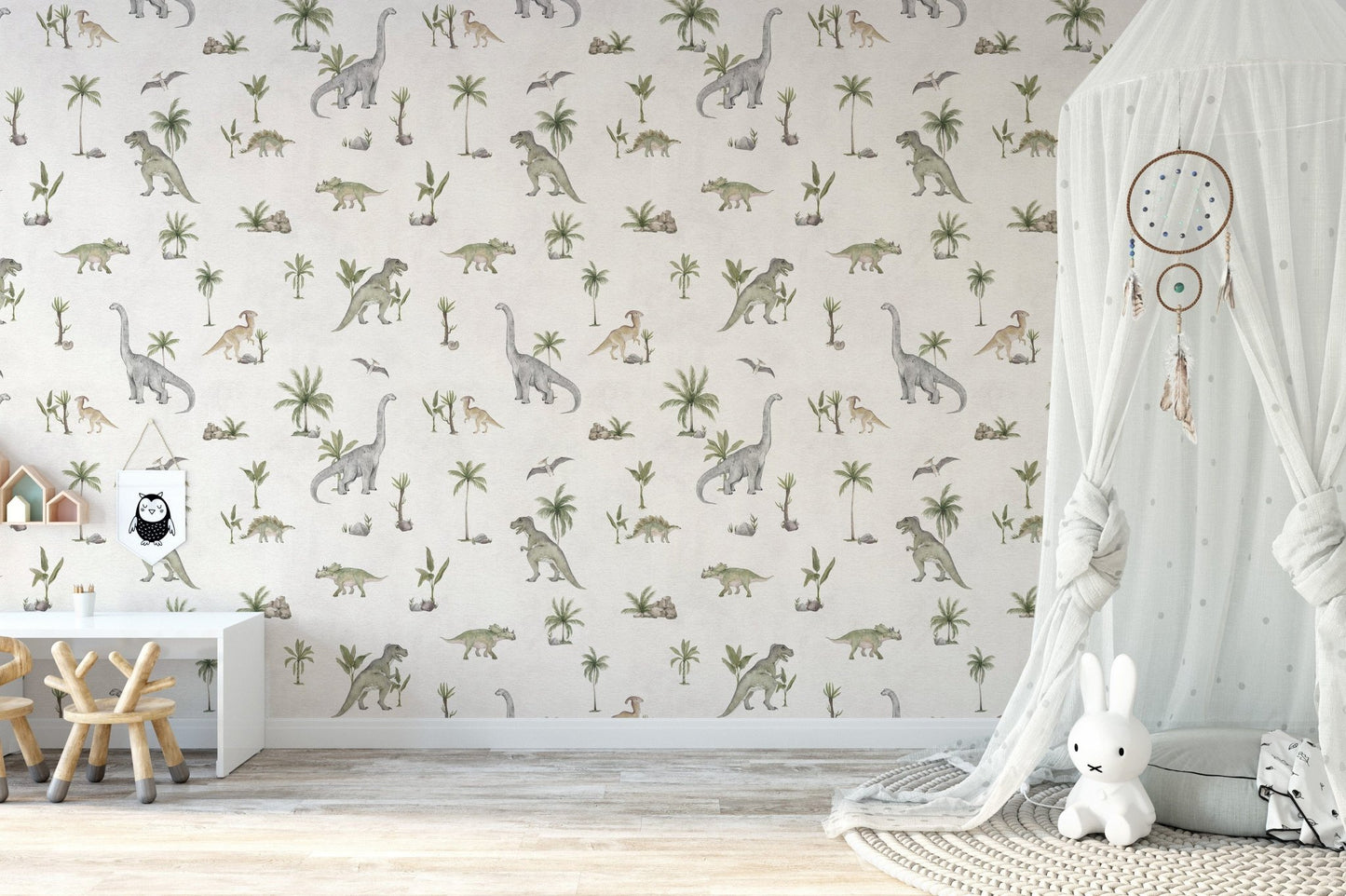 Hand-painted dinosaur wallpaper design
